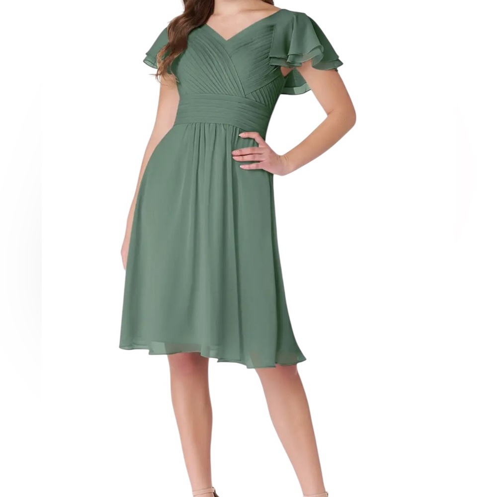 Azazie Eucalytus Green Pleated Chiffon "Hadley" Aline Knee Length Dress A20